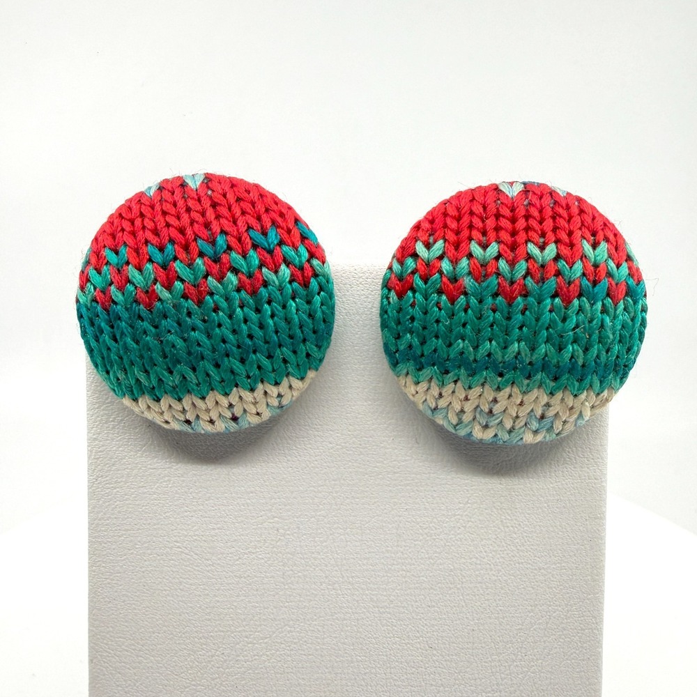 Festive Knit Button Clip-On Earring Red Teal Fair Isle Winter Made In Tokyo